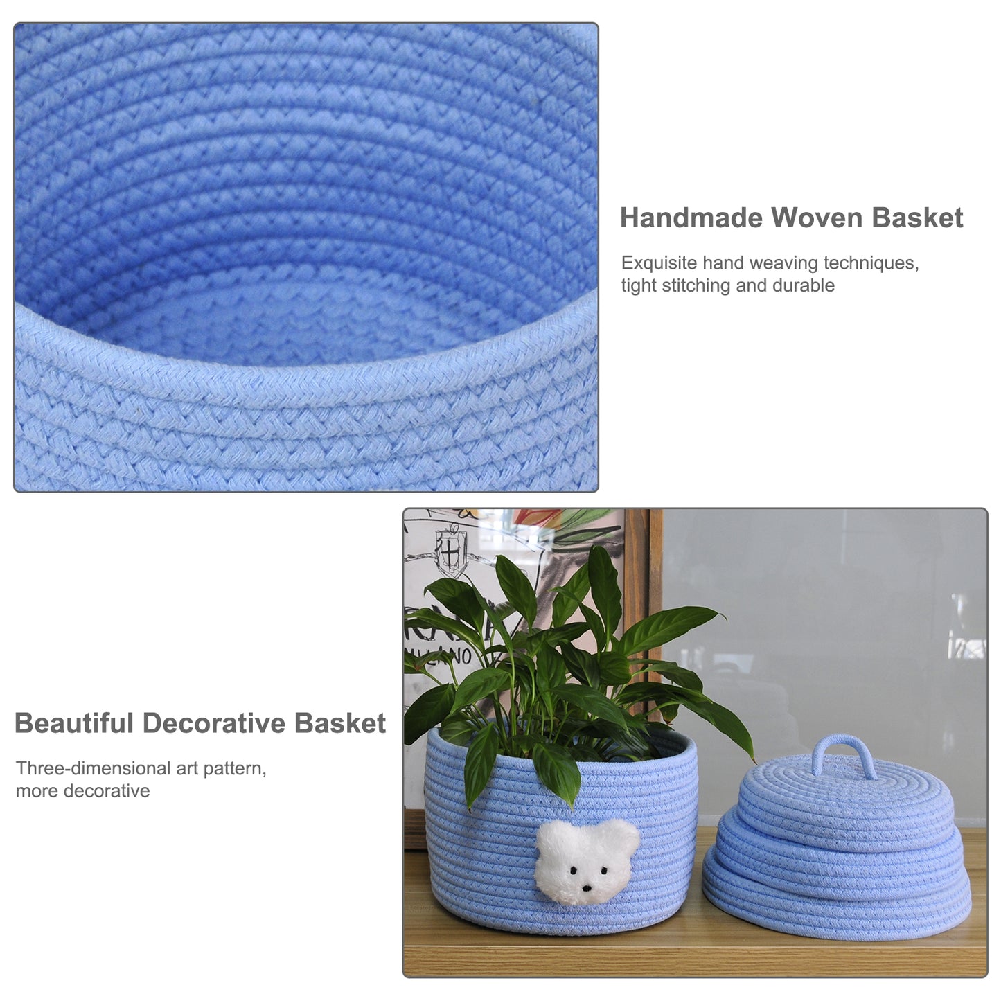 3pcs Round Small Basket with Lid - Blue