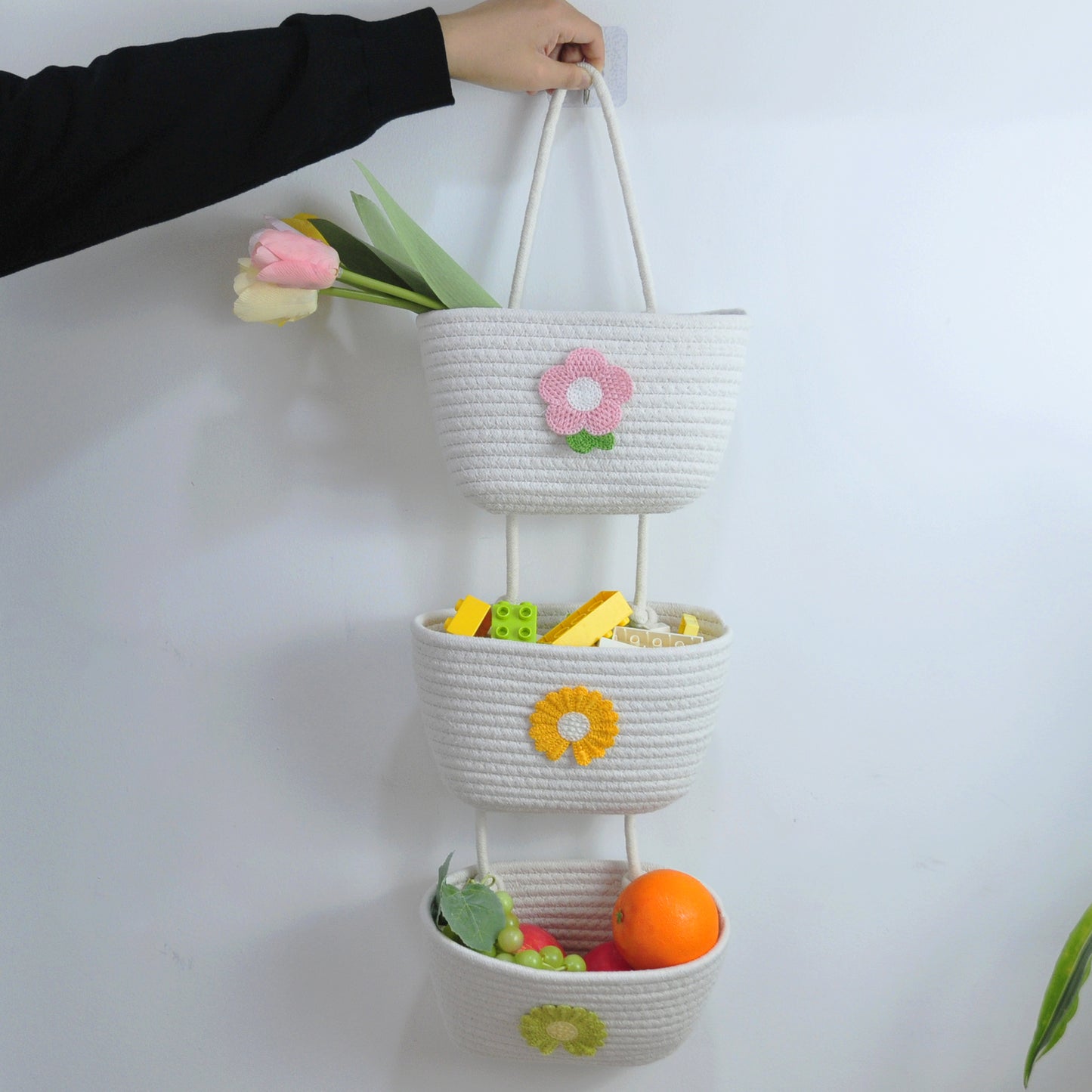 3 Tier Wall Hanging Basket - White Flower