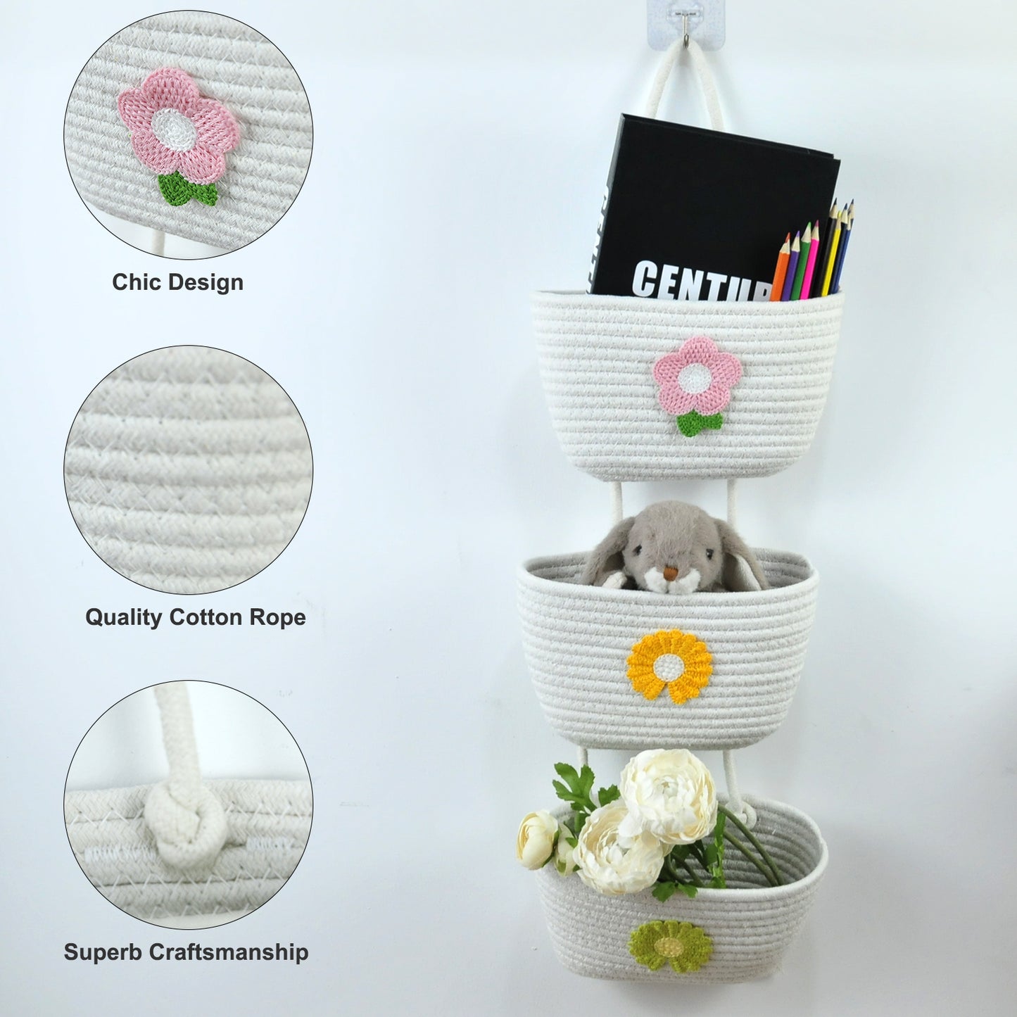 3 Tier Wall Hanging Basket - White Flower