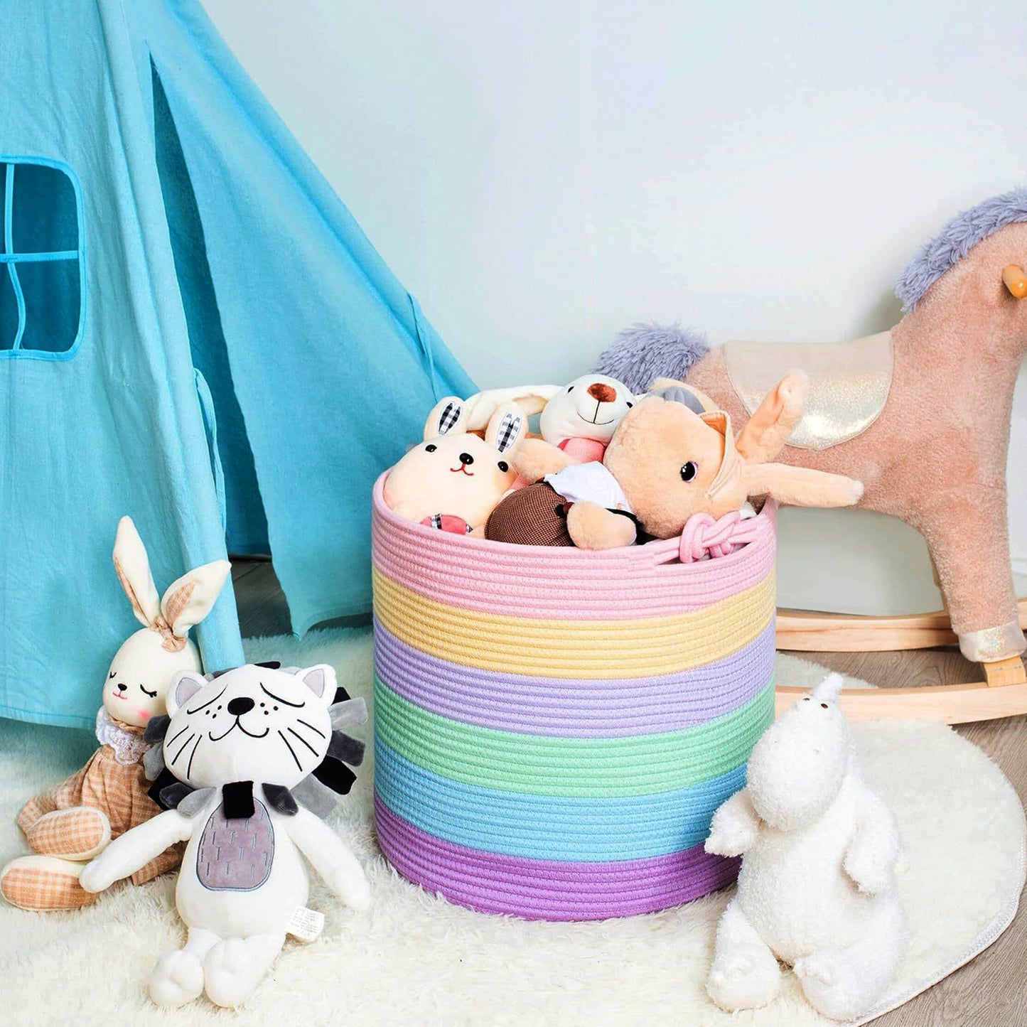 Large Laundry Basket with Handle - Light Rainbow