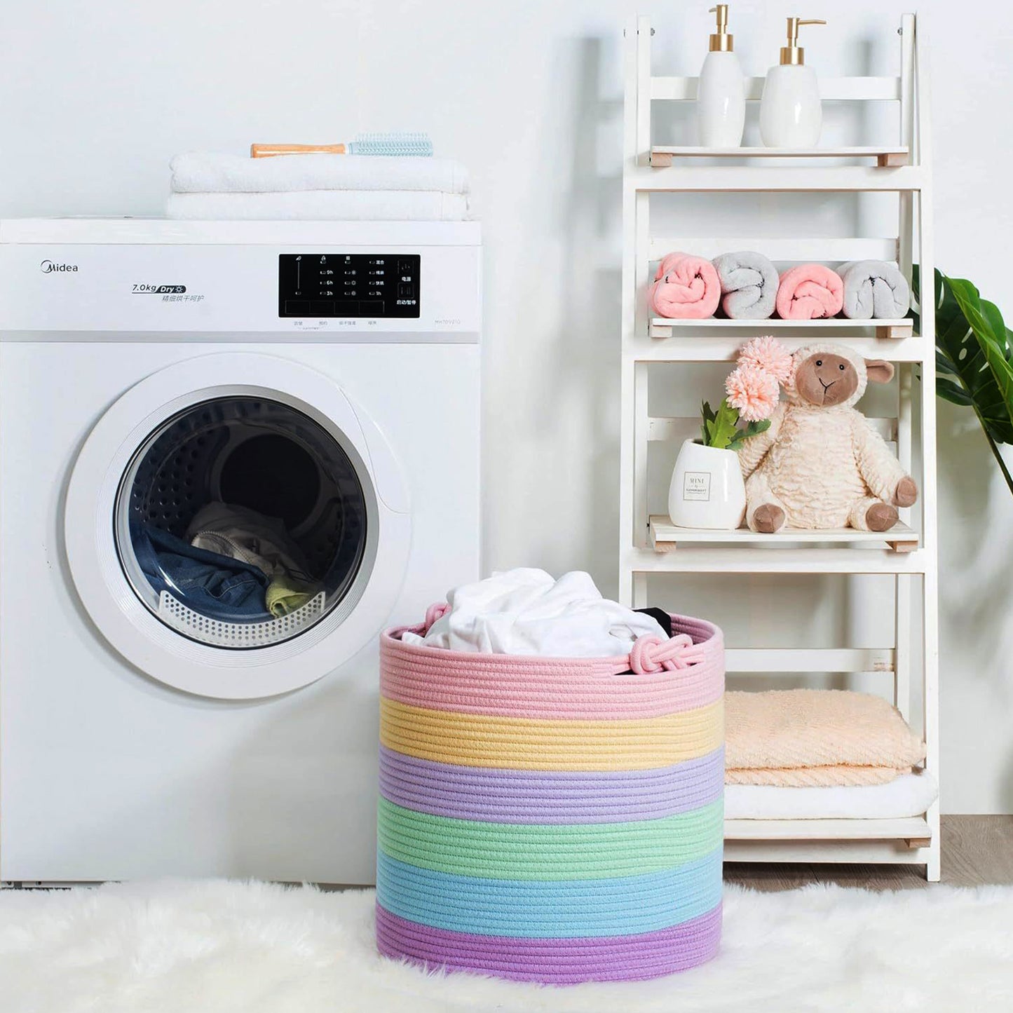 Large Laundry Basket with Handle - Light Rainbow