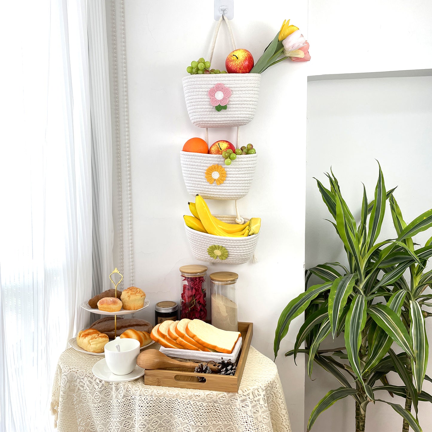 3 Tier Wall Hanging Basket - White Flower