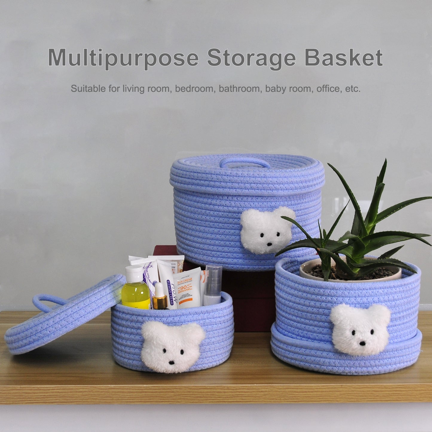 3pcs Round Small Basket with Lid - Blue
