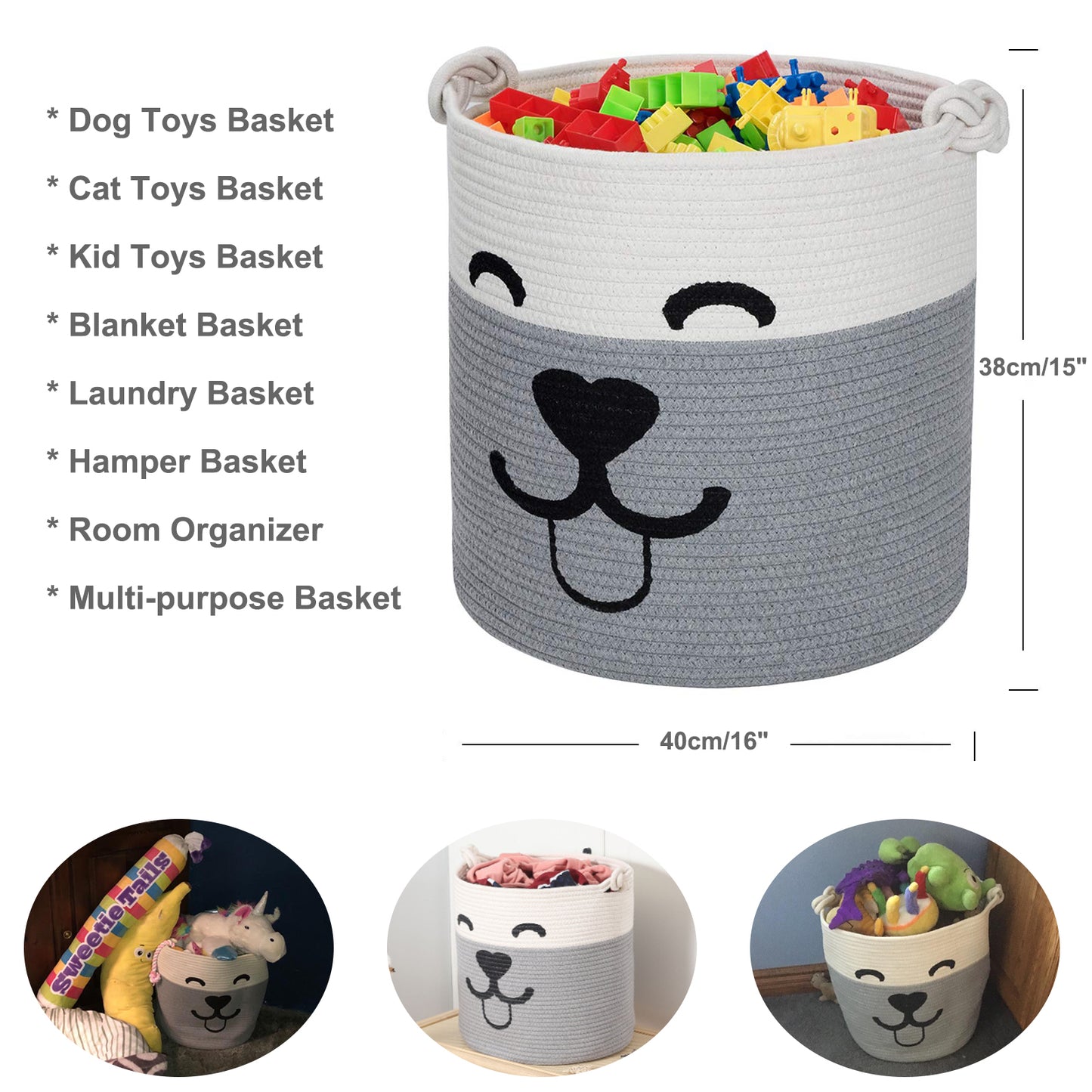 Large Laundry Basket Hamper Cute Dog Toy Basket - Grey