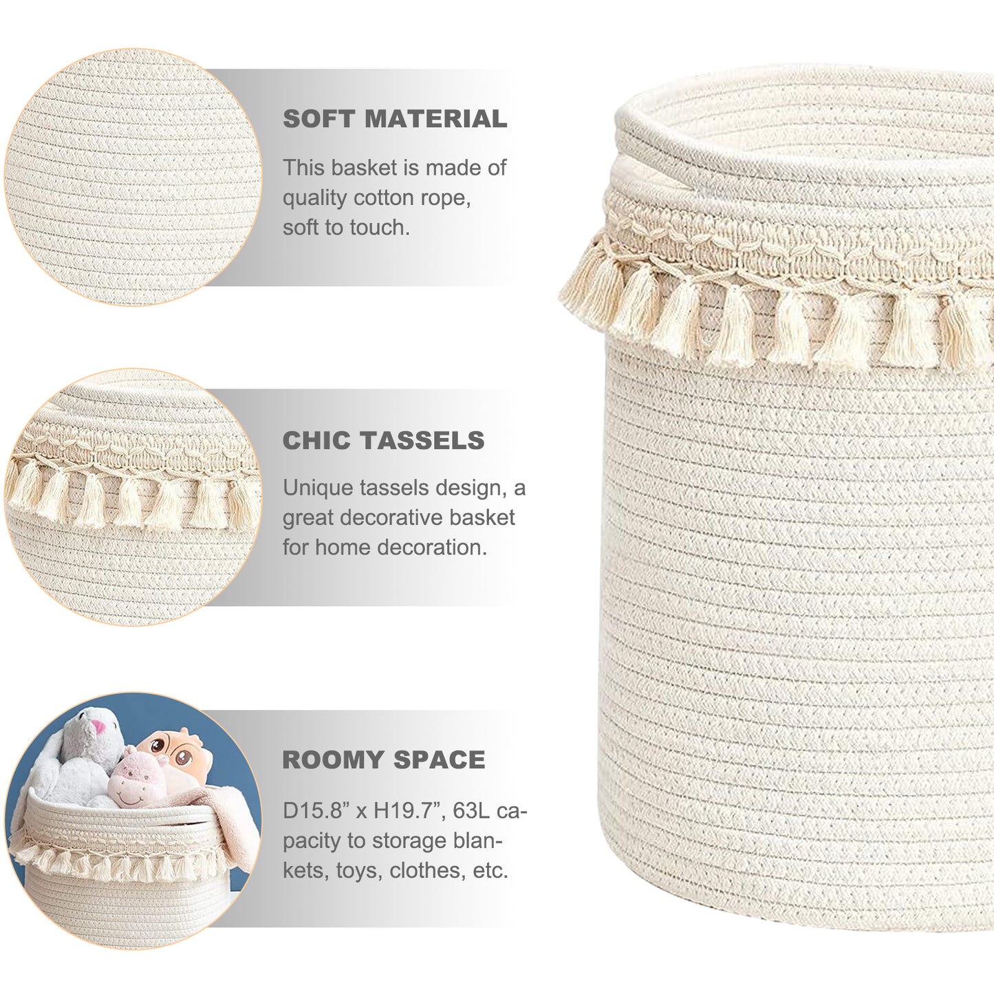 White Tassel Laundry Basket Hamper 63L