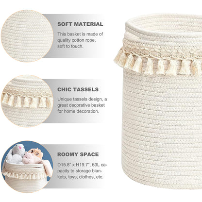 White Tassel Laundry Basket Hamper 63L