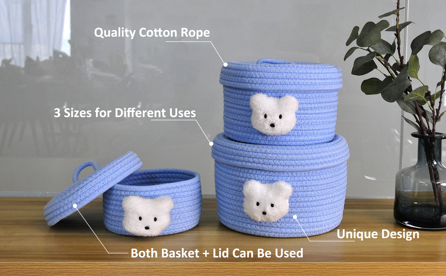3pcs Round Small Basket with Lid - Blue