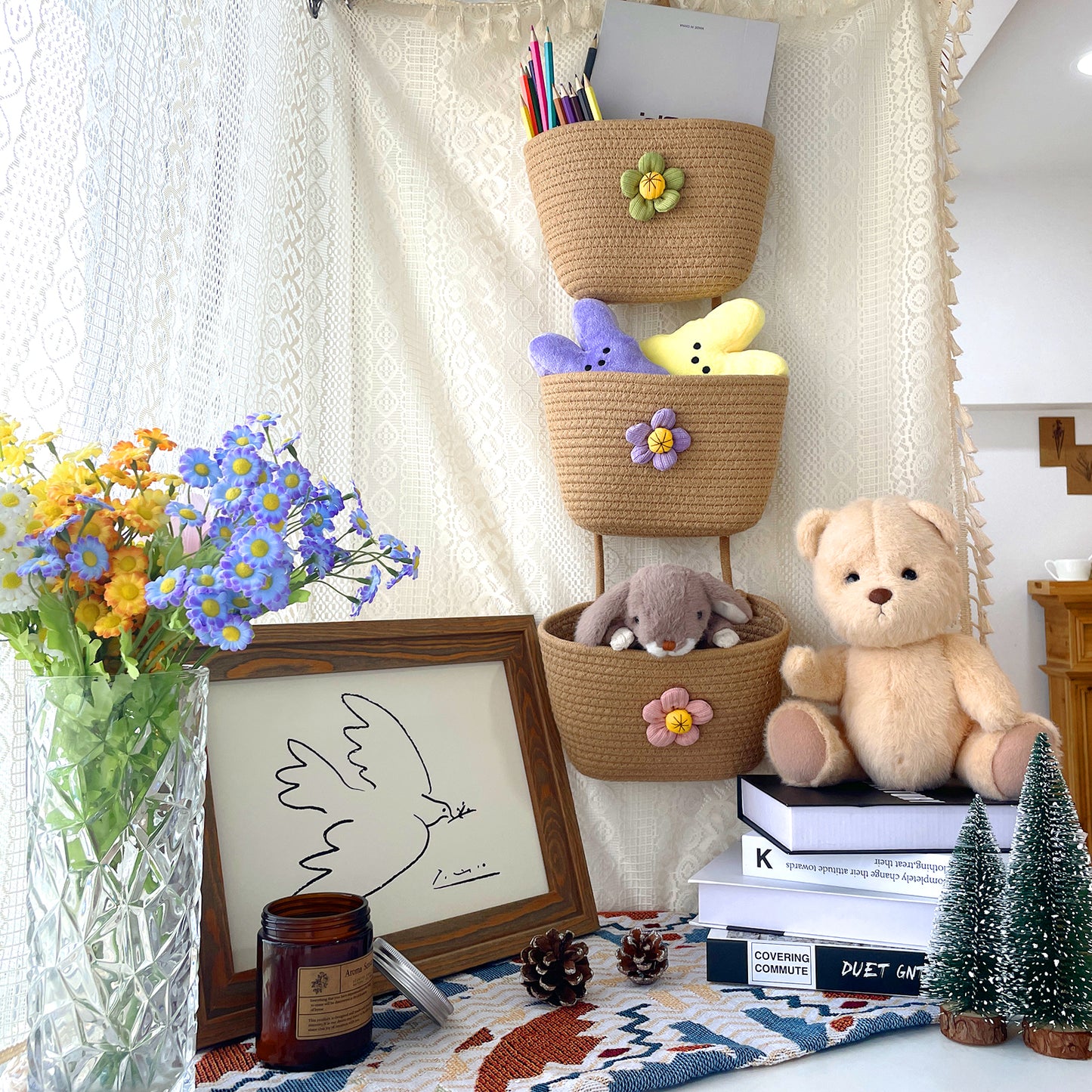 3 Tier Wall Hanging Basket - Brown Flower