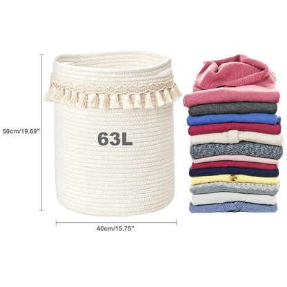 White Tassel Laundry Basket Hamper 63L