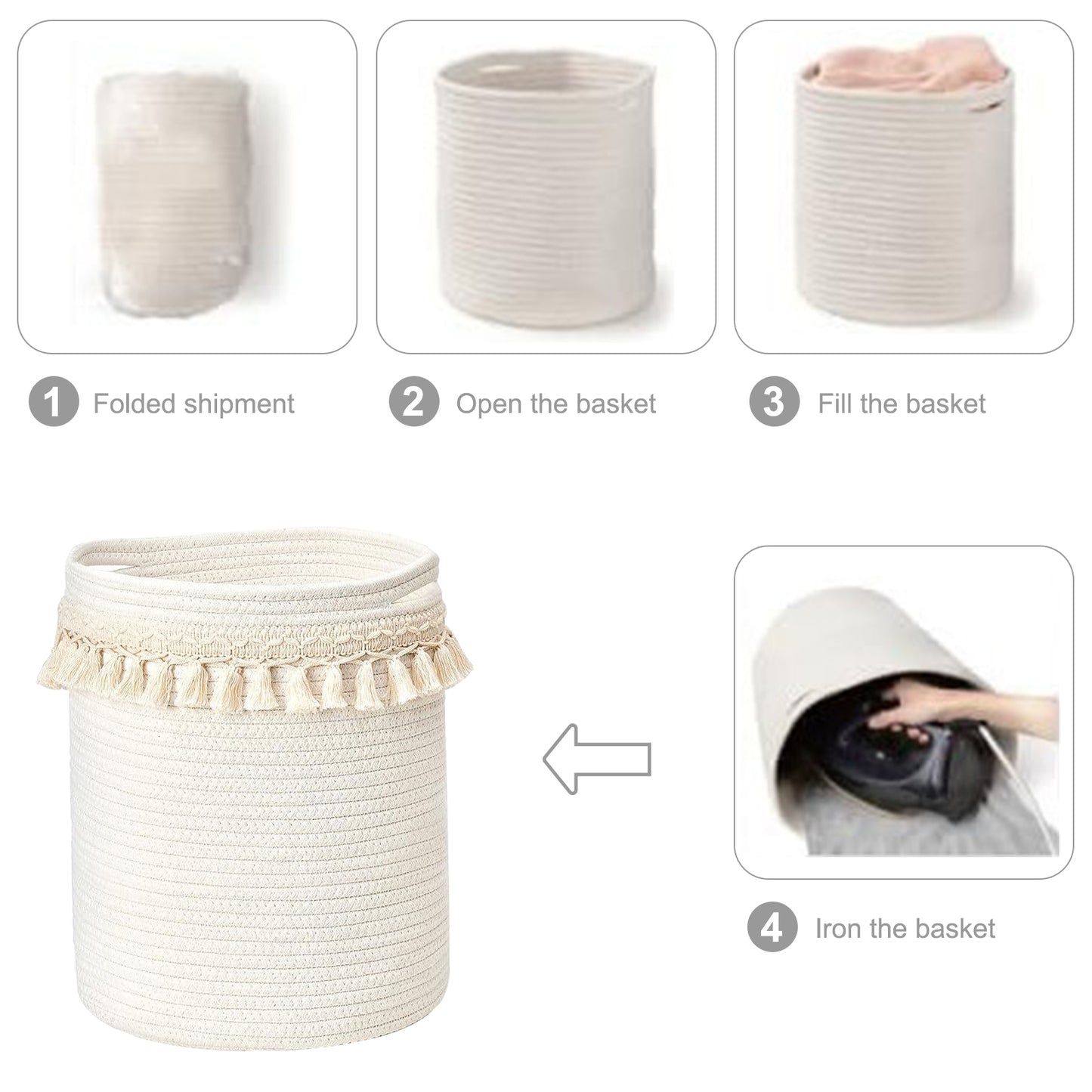 White Tassel Laundry Basket Hamper 63L