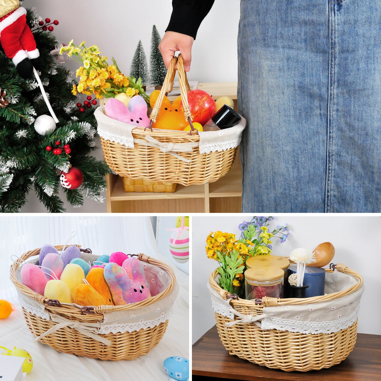 Small Wicker Basket with Foldable Handle Oval Willow Picnic Basket