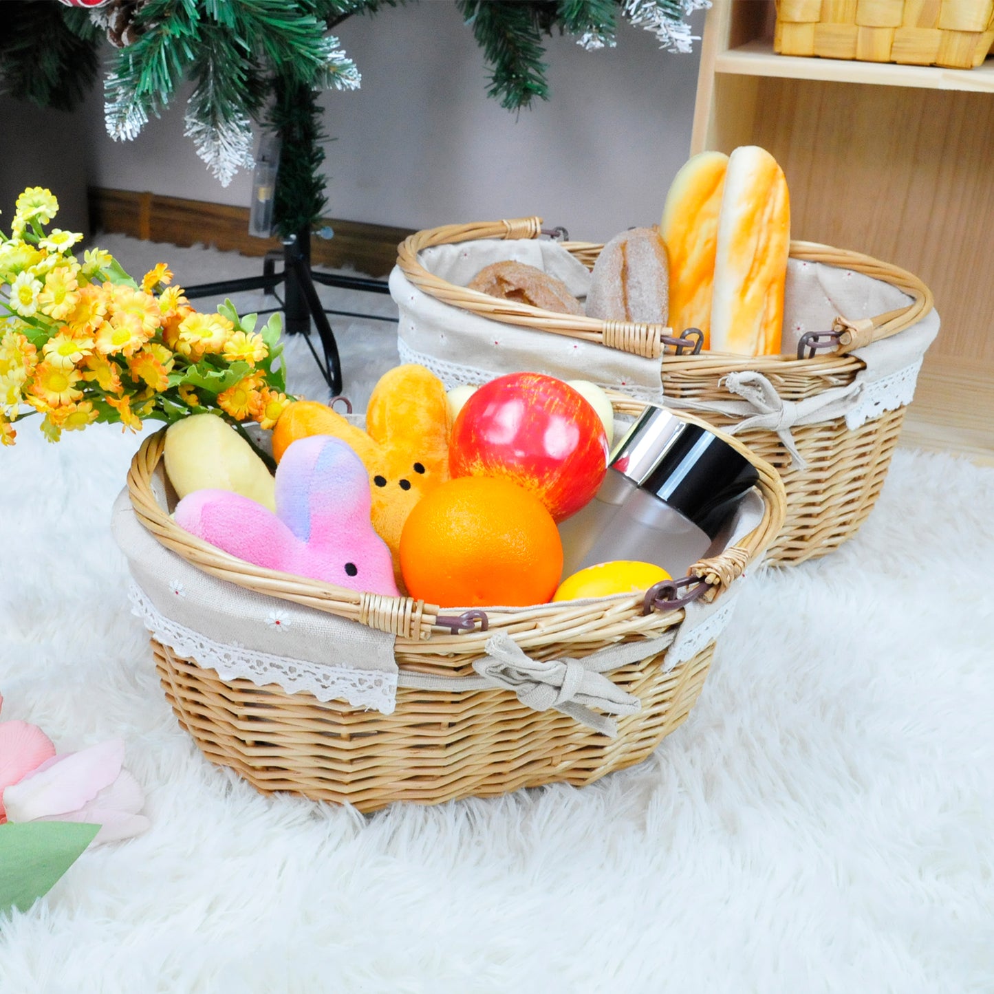 Small Wicker Basket with Foldable Handle Oval Willow Picnic Basket